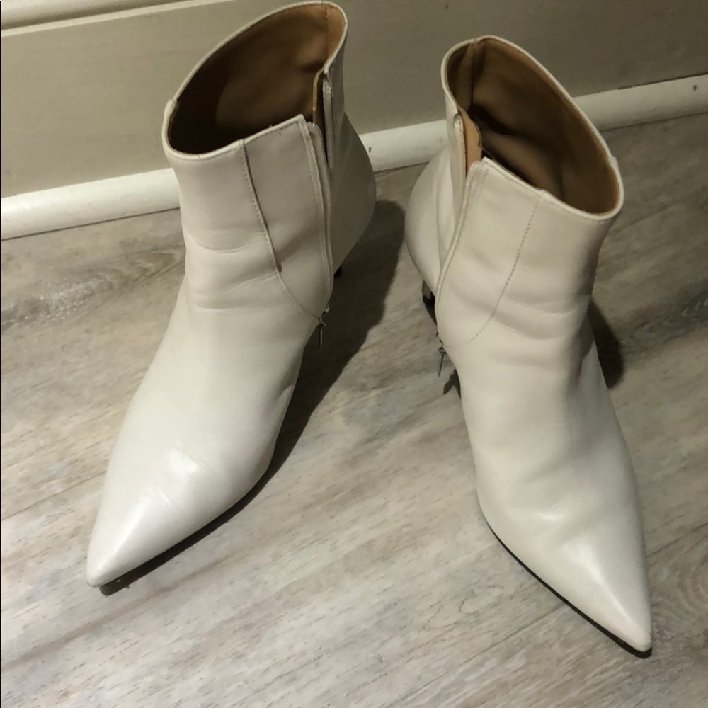 White Schutz kitten heel booties